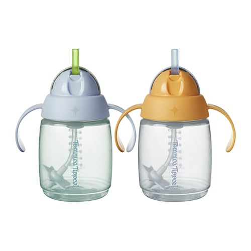 Tommee Tippee vaso de aprendizaje con pajita, 240 ml, vaso de transición para bebés a partir de 6 meses, con pajita de silicona con contrapeso y asas fáciles de sujetar, Azul y Naranja, pack de 2