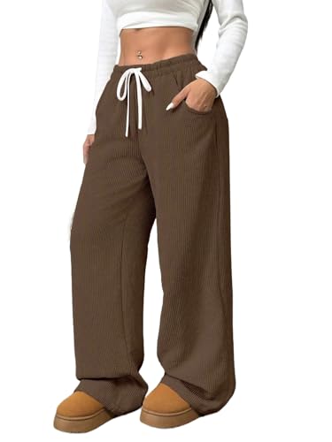Image of Women's Trendy Korean Trouser with Pockets, Casual Corduroy Stretchable Baggy Loose || High Rise Elastic Waist Going Out Lounge Pants || Wide Leg Pants for Woman