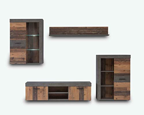 AVANTI TRENDSTORE- Flavia -Parete da soggiorno in legno laminato in grigio cemento scuro e Old-Wood vintage. Parete attrezzata per soggiorno, taglia media.