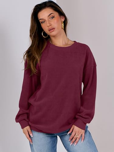 Caracilia Womens Oversized Sweatshirt Sweater Crewneck Long Sleeve Ribbed Corduroy Casual Pullover 2024 Fall Fashion Clothes Wine Red Small thumb #1