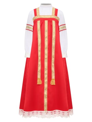 Child Girls Russian Ethnic Performance Dress Embroidered Blouse with Overalls and Headpiece White&Red 10 Years3