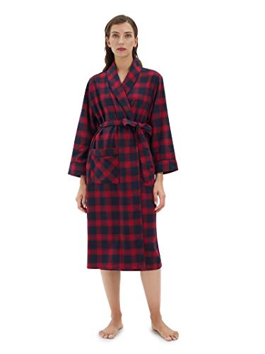SIORO Womens Flannel Robes Long 100% Cotton Plaid Bath Robe for Women Soft Flannel Sleepwear for Bath Shower Lounging, Red and Black Plaid, Medium