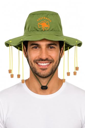 Chapeau australien 10 bouchons de liège et motif kangourou adulte