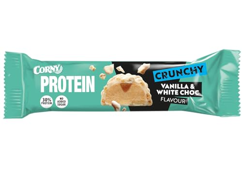 Corny Protein Crunchy - Barrita Proteica de Chocolate Blanco Sabor Vainilla 45g, 30% Proteinas, 0% Azúcares Añadidos, Ayuda al Desarrollo y Recuperación de la Masa Muscular, Taste the Power