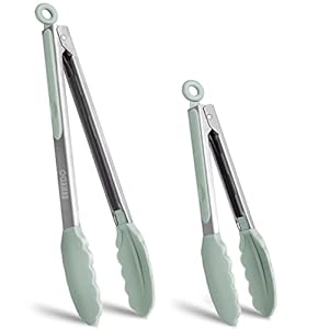 EEKEDO Kitchen Tongs, Stainless Steel Silicone Tongs for Cooking 600ºF High Heat-Resistant BBQ Grilling Locking Tongs, Set of 2-9″ and 12″ Light Green