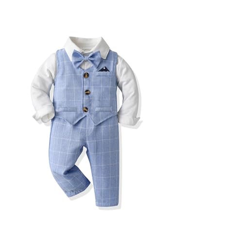 Tute da neonato T Pantalone Abbigliamento da neonato Vestito da ragazzo Bottone formale da bambino Gilet scozzese retrò + pagliaccetto da uomo a maniche lunghe in un unico pezzo + pantaloni Set da 3 p