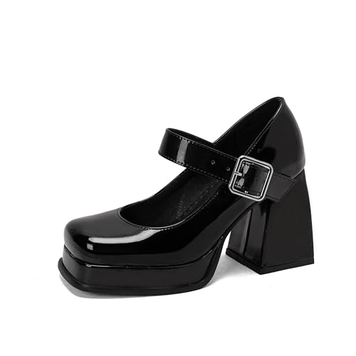 Women Office Lady Platform Mary Jane Pumps Square Toe Flare Heels with Belt Buckles
