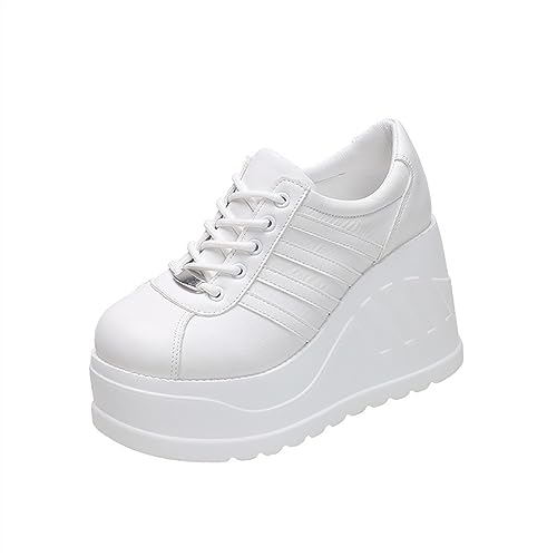 Baskets Blanches Noires for Femmes Mode Bout Rond À Lacets Plate-Forme Talons De Pente Chaussures De Marche De Sport Compensées (Color : White, Size : 37)