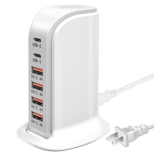 USB Wall Charger Multiport Tower RISWOJOR，40W 6-Port Multi USB Charger Station with Auto Detect Technology, USB Charging Station for Multiple Devices with Type-C for Smartphone Tablet