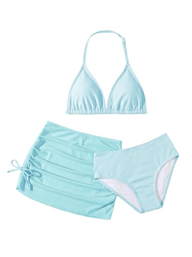 Image of RoseSeek Girl's 3 Piece Cute Bowknot Bathing Suit Halter Triangle High Waisted Swimsuit with Beach Cover Up Skirt