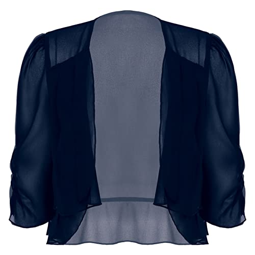 Freebily Boléro Femme Mariage Soirée Mousseline de Soie Gilet Cardigan Court Haussement Chic Haut Veste Ouverte pour Robe Bretelle Tee Shirt S-5XL A Bleu Marin XL