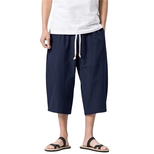 Men's Long Linen Shorts Loose Harem Pants Below Knee Pocketed 3/4 Summer Elastic Waist Drawstring Capri Pant for Men