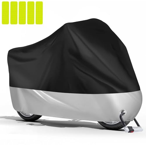PlsMupn Housse Moto Imperméable Housse de Protection pour Moto 210D Polyester, Bache Moto Exterieur Etanche avec Trous de Serrure, Housses de Moto Exterieur au Pluie Poussière UV Neige(245x125x105cm)