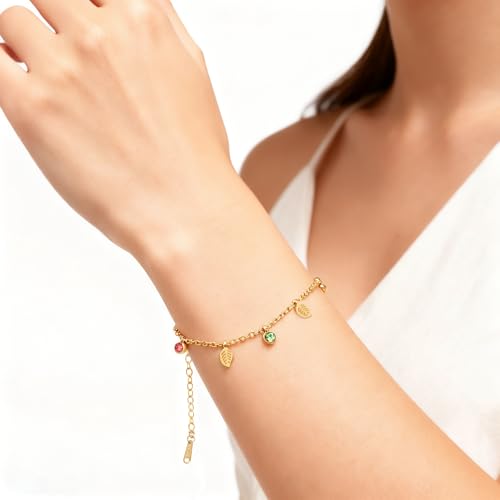 Image of 18K Gold Plated Stainless Steel Dainty Charms Colorful Crystal Birthstone Bracelet Minimalist Cute Jewelry for Women