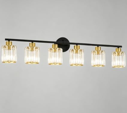 Image of Modern Black Gold Crystal Bathroom Light Fixtures,6-Light