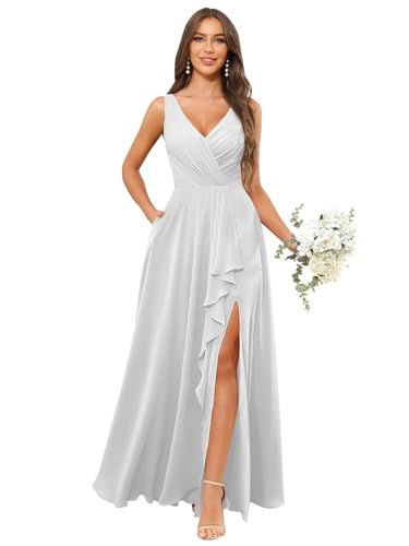 Image of HANVAIOS Long Chiffon V Neck Bridesmaid Dresses for Women Formal Dress with Pocket