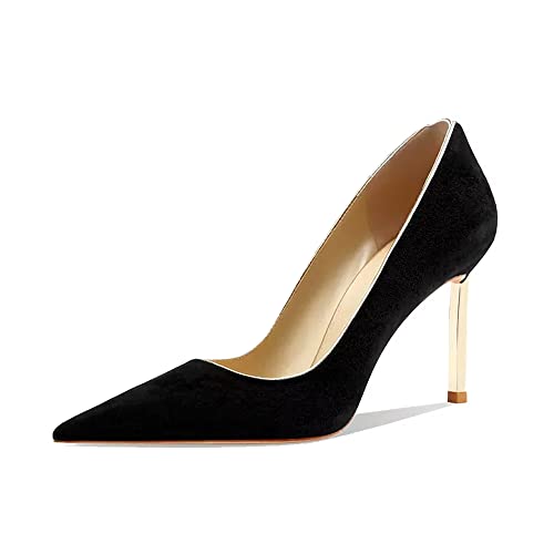 Saekcted Mujer Aguja Alto High Heel Cerrado el Dedo del pie Puntiaguada Punta Slip-on Pumps de Boda Fiesta Clear Cute Clásico Zapatos 8.5 CM Heels Negro 35 EU