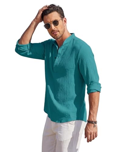 Image of Men's Cotton Blend Straight Kurta Shirt with Mandarin Collar - Slim Fit Casual Short Kurti Featuring Textured Slub Fabric and Roll-Up Full Sleeves