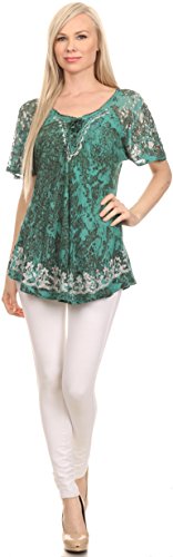 Image of Sakkas Ash Speckled Tiedye Embroidered Cap Sleeve Blouse Top with Embroidery Hems