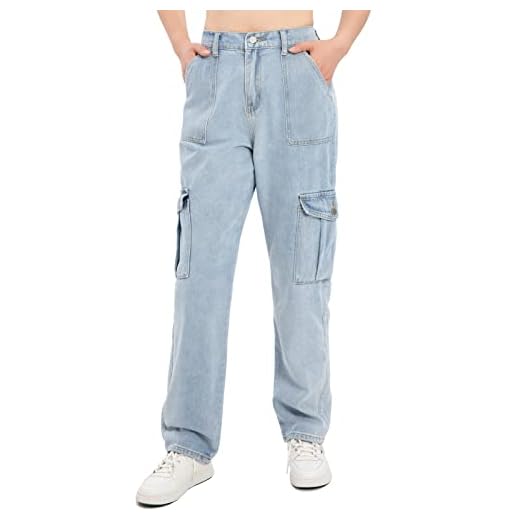 Calça cargo feminina com cintura elástica, perna reta, ajuste relaxado, utilitária, casual, jeans cargo, Vintage claro, 10