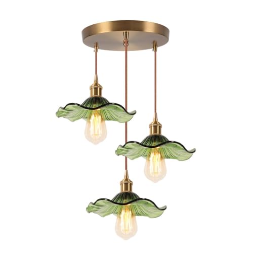 LIGINOK 3 Lampe Suspendue en Verre Intérieure Moderne Vert Fleurs E27 Suspension Luminaires Vintage Laiton Doré Lustre Réglable en Hauteur pour Salon Chambre Cuisine