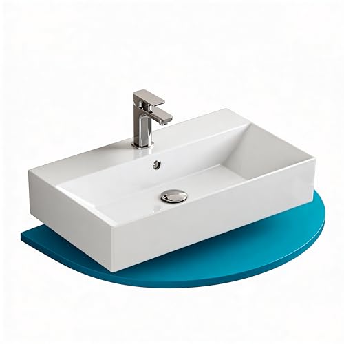 Aqua Bagno Waschbecken 60 cm eckig, Aufsatzwaschbecken mit Hahnloch & Überlauf, modernes Waschbecken Bad aus Keramik, weiß Hochglanz, dünner Rand, wandhängender Waschtisch für Badezimmer