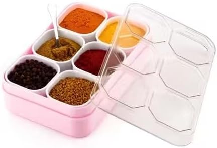 Webelkart Premium 6 Section Plastic Masala Box with Transparent Lid | Spice Storage Container with 6 Compartments & Spoons | Kitchen Organizer,Pickle Box for Spices| Dry Fruits, Snacks (Multicolor)