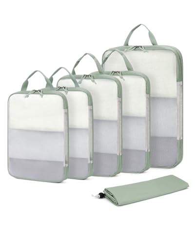 ECOHUB 6 Set Compression Packing Cubes, Lightweight Vacation Travel Essentials, Durable Travel Accessories for Suitcase Carry On Luggage Organizer Bags Set with YKK Zippers Shoe Bag, Green