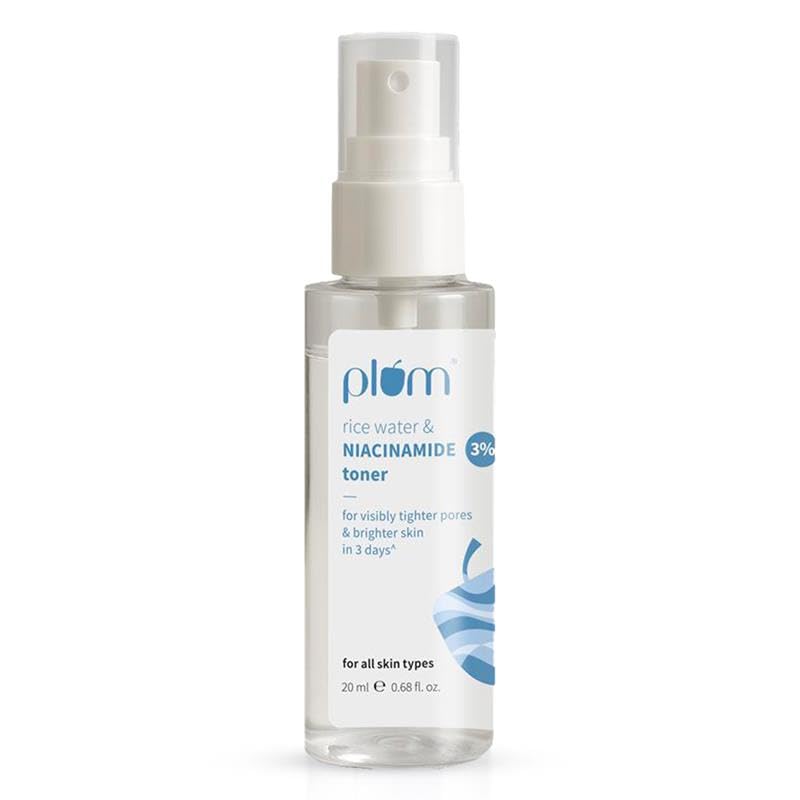 Image of Plum 3% Niacinamide & Rice Water Face Toner | Alcohol-Free Toner for Oily Acne Prone Dry Combination Skin | Pore Tightening & Glowing Skin |Fades Blemishes, Brightens & Smoothens | Women & Men | 20ml