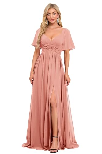 Image of Women's Flutter Sleeves Chiffon Bridesmaid Dresses with Slit Long A Line V-Neck Formal Party Dress with Pockets