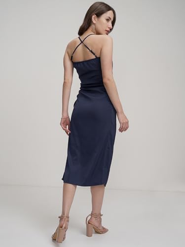 Image of Tokyo Talkies Women's Elegant Ruched Strappy Sheath Midi Dress with High Slit A Chic Statement for Evenings & Special Occasions