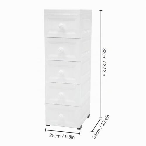 Cassettiera su ruote, armadietto laterale a 5 cassetti, armadietto da bagno, impermeabile, armadietto sottile per cassetti, 34 × 25 × 82 cm, per giocattoli per bambini, ufficio, soggiorno