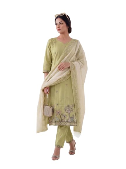 80's vibes Women's Reyon Slub Cotton Blend Embroidered Straight Kurta Pant Dupatta Set | Elegant Ethnic Suit Set | Olive Green Festive & Casual Wear-picture-20