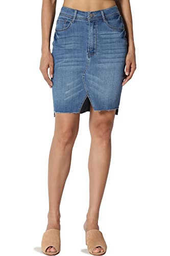 TheMogan Women's Hi Low Front Slit Raw Hem High Waist Pencil Denim Skirt Medium S