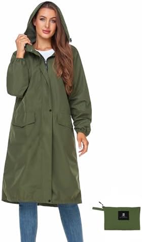 SaphiRose Women's Long Rain Jacket Waterproof Lightweight Hooded Raincoat Packable Knee Length Rain coat