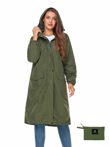 SaphiRose Lange Damen-Regenjacke, wasserdicht, leicht, mit Kapuze, verstaubar, knielang, Regenmantel, Grün , XL