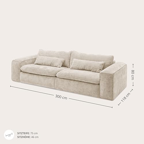 Big Sofa 300 cm breit, Modell Vince, Tiefe Sitzfläche, pflegeleichter Stoffbezug, Nosagfederung, Rücken echt bezogen, mittlere Sitzhärte, inkl. 2 Rückenkissen, 2 Nierenkissen, Beige