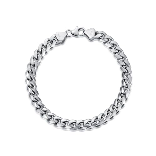 Dacc & Aya Fashion 925 Sterling Silver Flat Curb Cuban Link Chain Bracelet for Men Women, 3MM, 4MM, 7MM, Solid Silver Cuban Thick Big Link Chain Bracelet with Lobster Clasp, 7-9 Inch