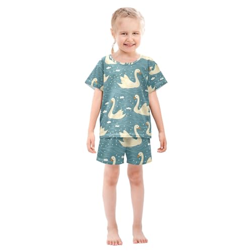 ALAZA Swan Lake Water Pajamas Set Short Sleeve Cotton Sleepwear Summer Pjs 2 Piece 5-14Y3