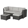 GarveeLife 5-Piece Outdoor Patio Rattan Wicker Sofa Set, PE Rattan Conversation Sectional with Thickened Back Cushion, Glass Tabletop, Ottoman - Ideal for Courtyard Space, Light-Grey