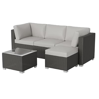 GarveeLife 5-Piece Outdoor Patio Rattan Wicker Sofa Set, PE Rattan Conversation Sectional with Thickened Back Cushion, Glass Tabletop, Ottoman - Ideal for Courtyard Space, Light-Grey