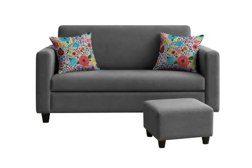 Image of Rosebell 2 Seater Sofa with Ottoman | Living Room Couch | with Printed Cushions | Sofa for Home, Apartment & Office-Grey Color
