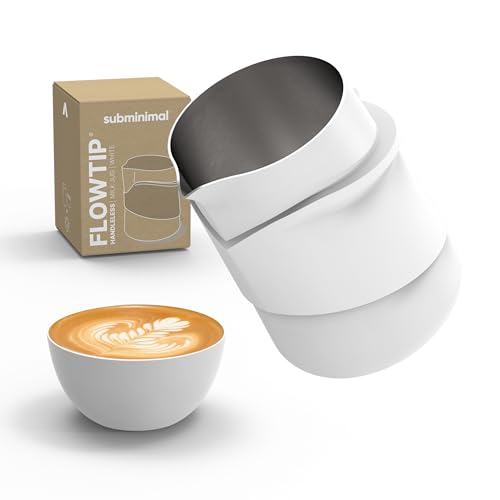 Subminimal FlowTip Handless Jug - Stovetop Milk Frothing, Foaming Pitcher for Barista-Style Coffee - Cappuccino & Latte Art Pouring Jug with Heat Resistant Handle - 450ml, White