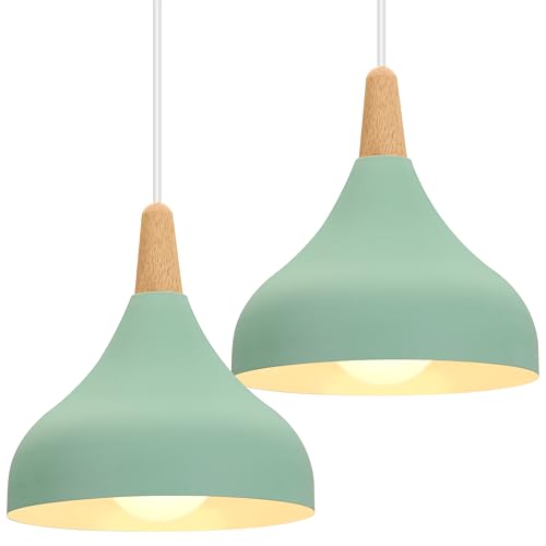 iDEGU 2 Pezzi Lampada a Sospensione Retrò LED Lampada a Soffitto in Legna Metallo Moderna Lampadario a Forma di Goccia Stile Scandinavo Plafoniera per Soggiorno Sala Da Pranzo Camera, 20 cm (# Verde)