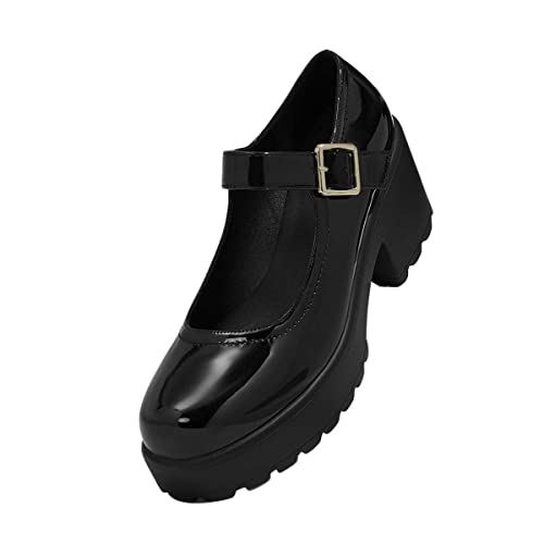 FYS Women Thick Platform Round Toe Mary Janes Block Chunky Mid Heel Pumps Cute Girls Outfit Daily Dress Shoes Size 4-15 US3