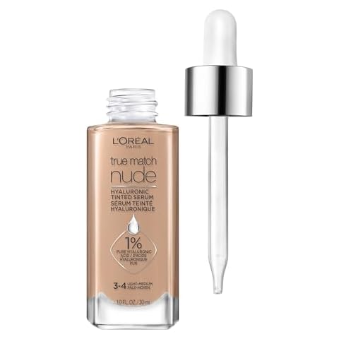 L'Oreal Paris True Match Nude Hyaluronic Tinted Serum Foundation with 1% Hyaluronic acid, Light-Medium 3-4, 1 fl. oz. Cover