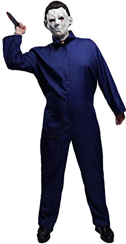 Adult Halloween Killer Deluxe Costume for Men Includes Jumpsuit, Toy Knife, Mask with Hair (Large)
