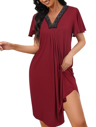 Evolyline Nachthemd Damen Kurzarm, Schlafshirt Sommer Sleepshirt, V-Ausschnitt Nachthemden für Damen, Nachtwäsche Nachtkleid Frauen mit...