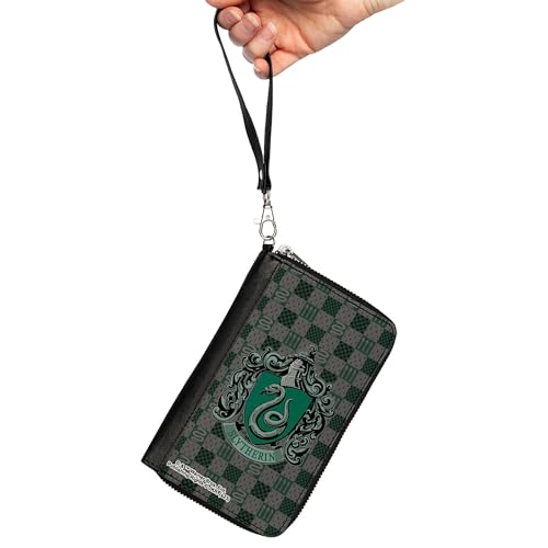 Buckle-Down The Wizarding World of Harry Potter Wallet, Zip Around, Slytherin Crest Heraldry Checkers Gray Greens, Vegan Leather2