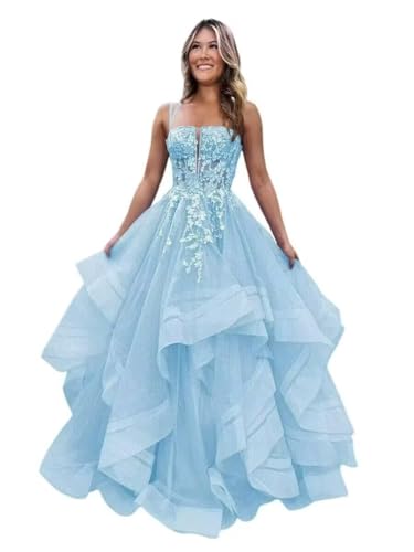GREEKKNIGHT Light Blue Sparkly Tulle Prom Dresses for Women 2026 Lace Applique Long Ball Gown Tiered...
